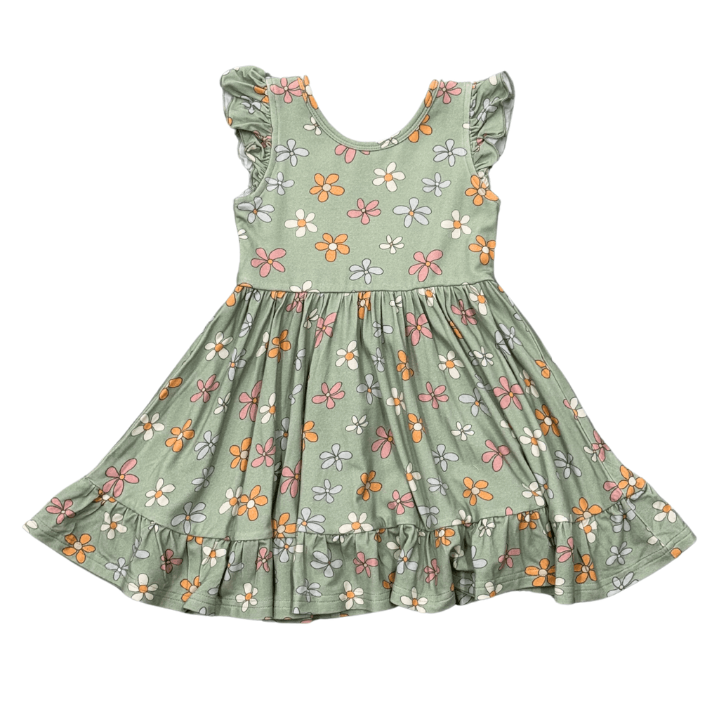 Girls Sleeveless Twirl Dress in Sketched Daisy